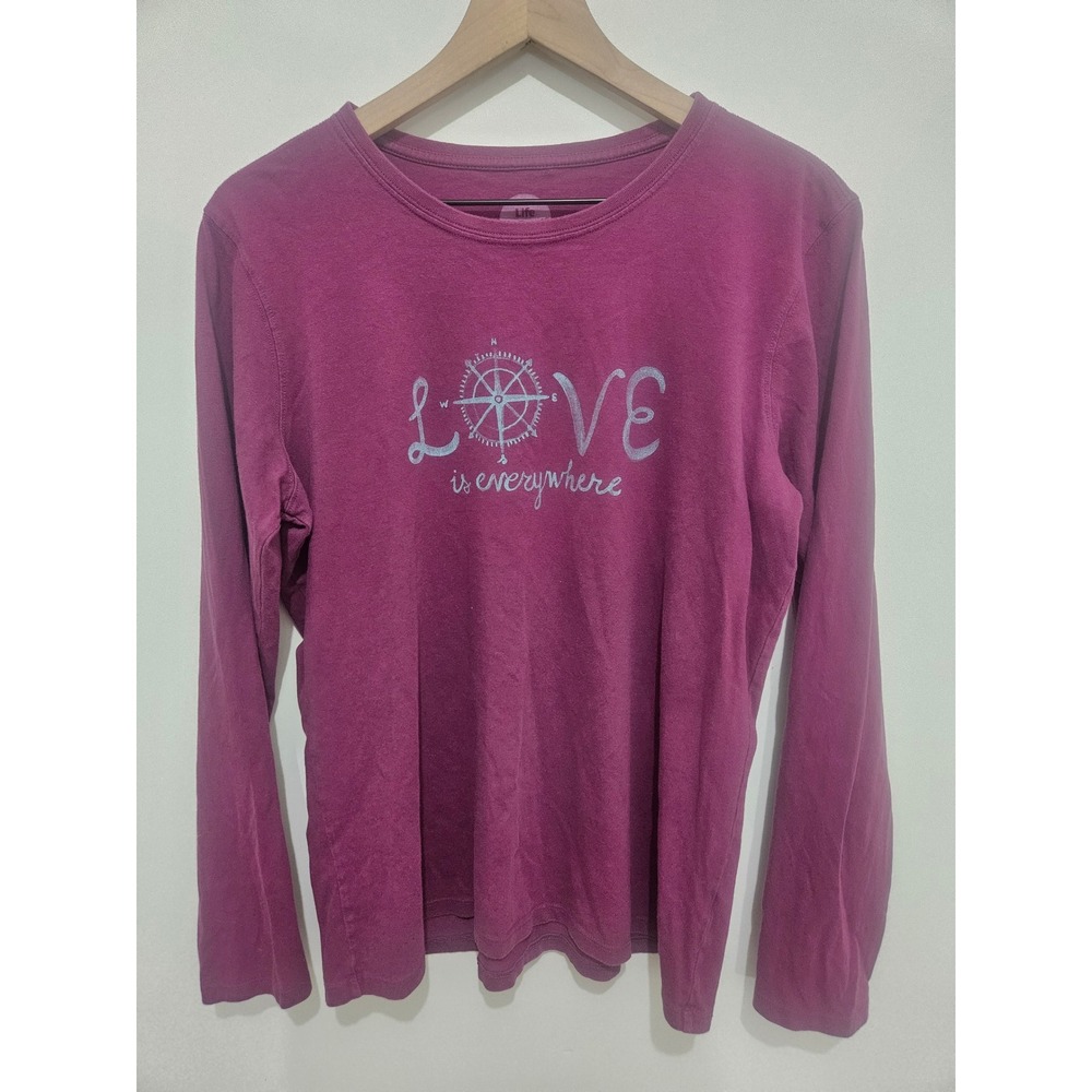 Life Is Good Long Sleeve Tee in Berry Pink with White Graphic